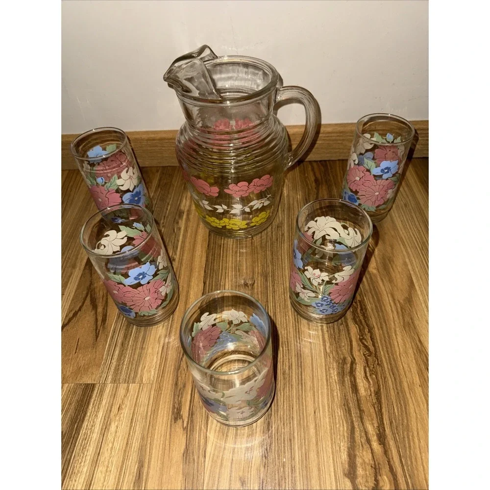 RETRO FLORAL Anchor Hocking Pitcher and 5 Glasses Vintage SET Floral EUC‎
